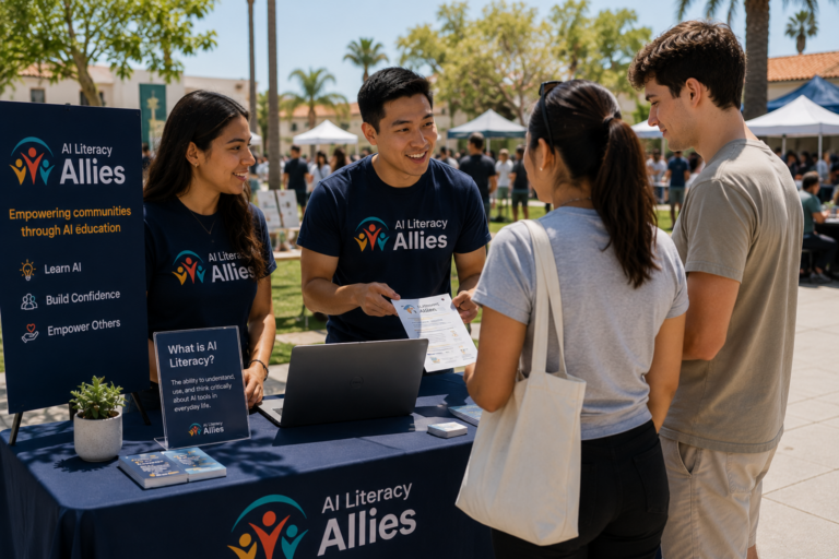 AI Literacy Allies at a booth helping a young couple with tech