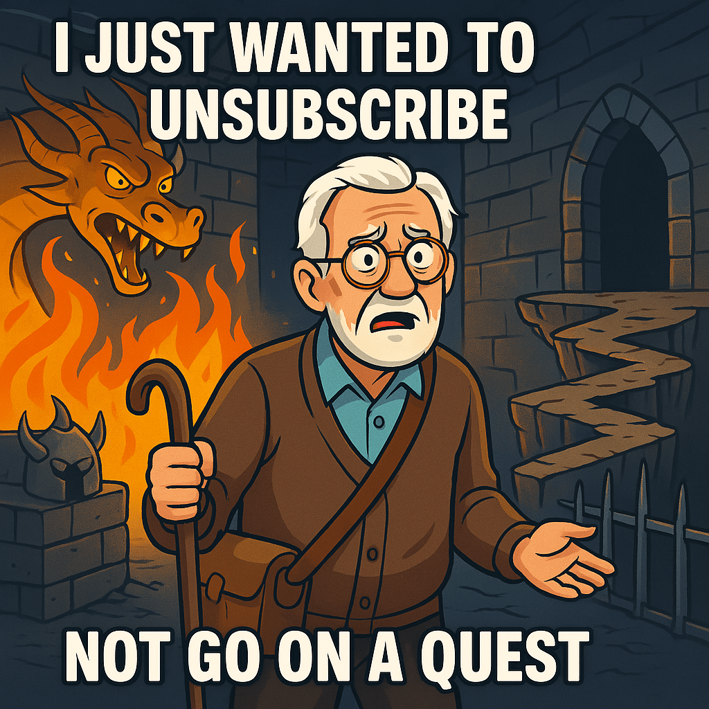 An old man going on an unwanted quest just to unsubscribe.  Dragon in dungeon with fire behind him.