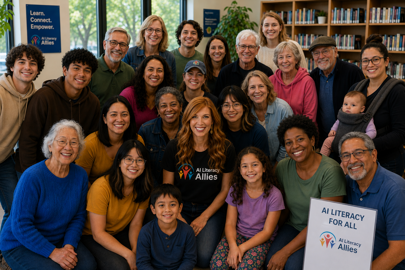 A group of participants and volunteers posing for a candid shot