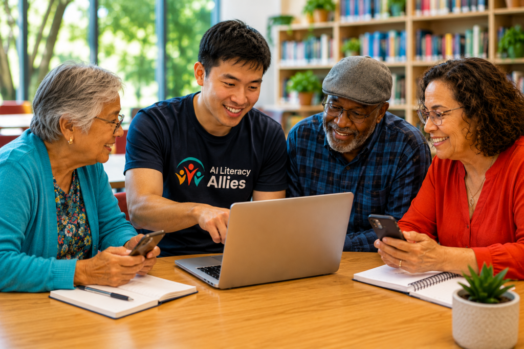 AI Literacy Allies Volunteer helping 3 community members with AI