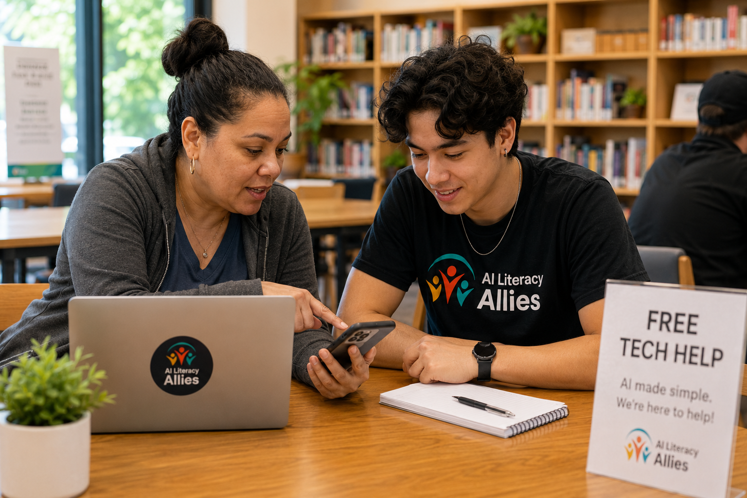 a volunteer helps a participant