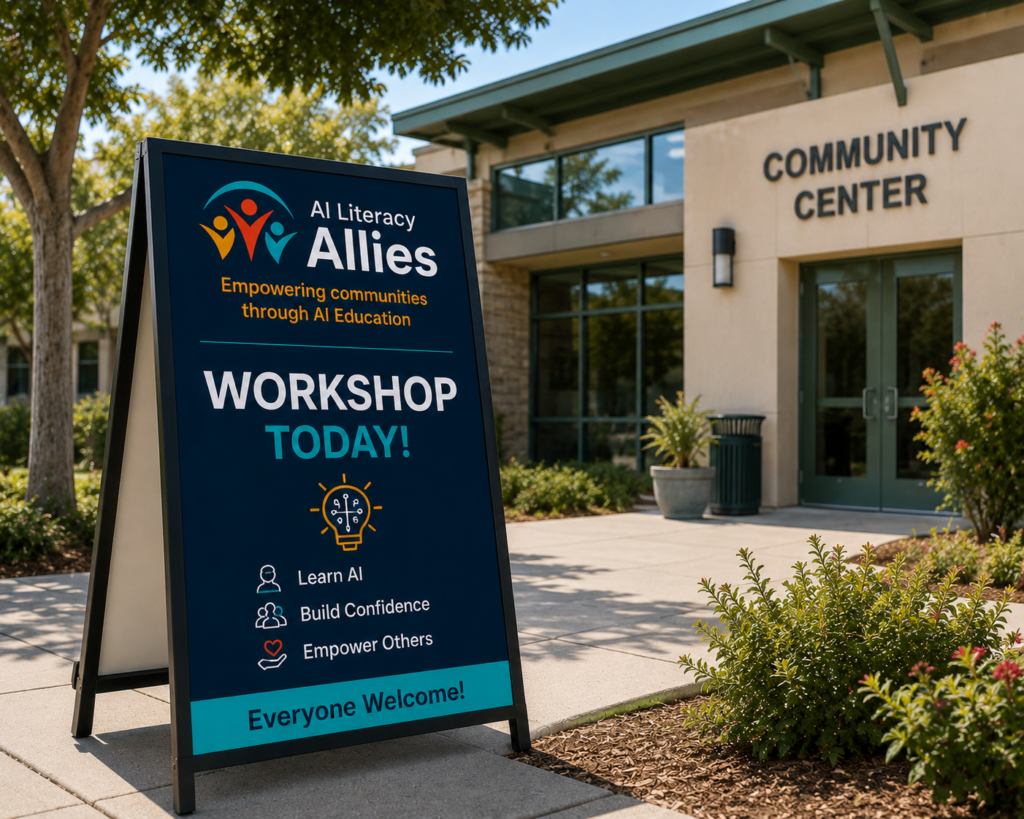 An AI Literacy Allies workshop sign in front of a community center