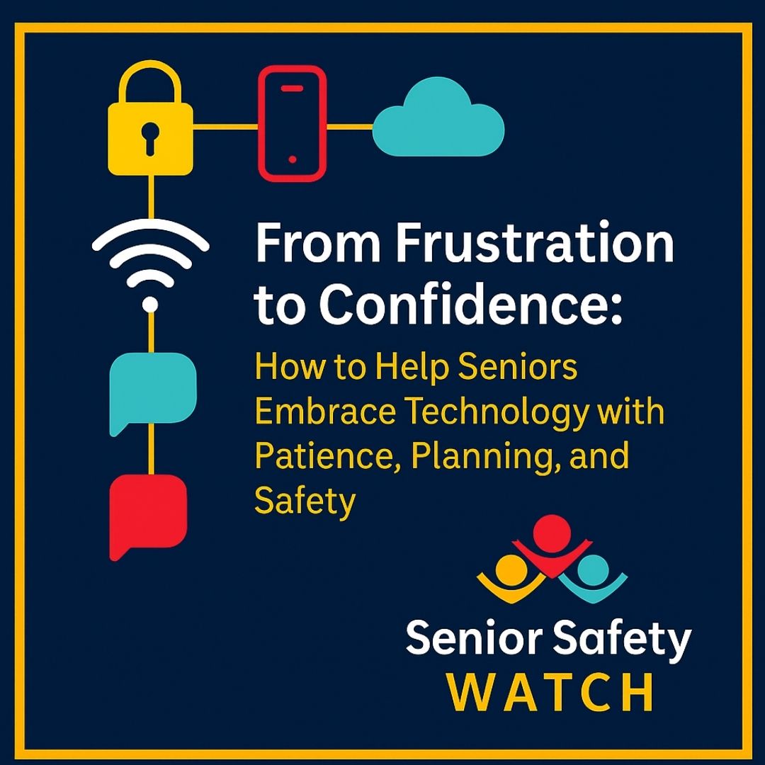 Illustration of technology icons including a lock, cloud, and Wi-Fi symbol, representing safe and confident technology use for seniors.