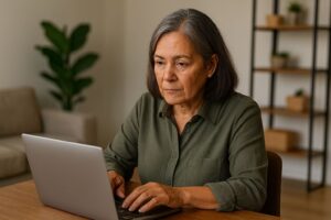 A confident older woman with short silver hair sits at a wooden table, focused on a laptop. She is dressed in a green shirt and surrounded by a calm, well-lit space with natural decor, including a large green plant.