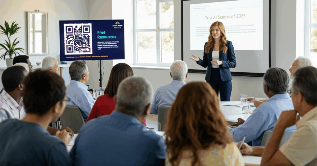 seniors attending a presentation on ai scams